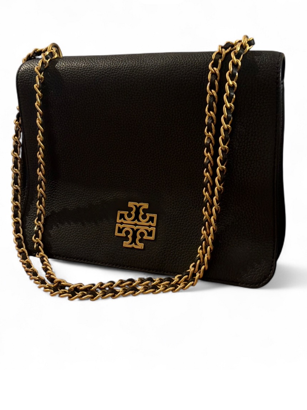 Tory Burch Black Leather Crossbody with Gold Chain and Logo